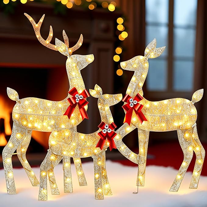 YULETIME 3-Piece Pre-lit 2D Christmas Reindeer Family, Lighted Glitter Christmas Deer Holiday Decoration with Warm White LED Lights