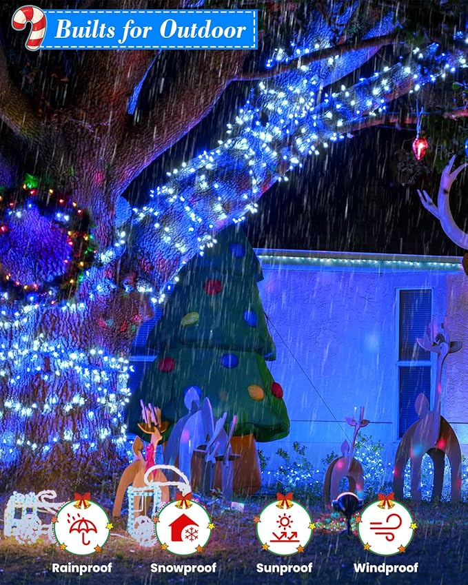 LED Christmas Lights, Extra Long Outdoor String Lights Waterproof, Timer & Memory, 8 Modes Dimmable Plug in Fairy for Outside Tree Wedding Patry (Blue and White, Total 710FT 1800 LED)