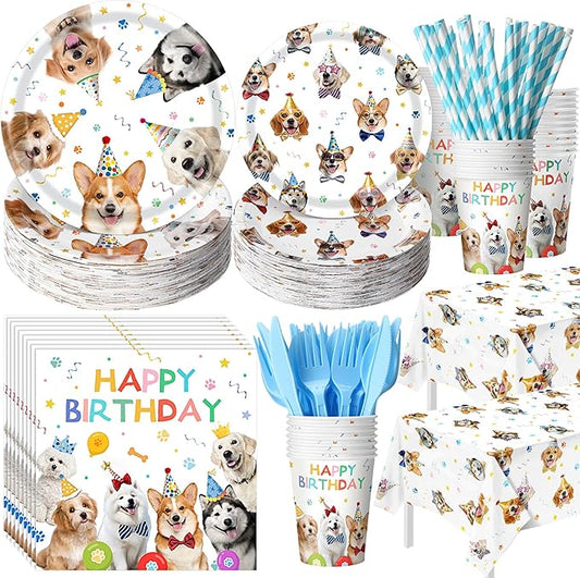 452 Pcs Dog Birthday Party Decorations for 50 Guests Include Dog Paper Plates Napkins Cups Tablecloth Cutlery Straws Puppy Party Tableware for Puppy Theme Birthday Supplies