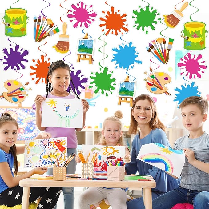 40Pcs Art Painting Hanging Swirl Decorations, Colorful Painting Birthday Party Ceiling Hanging Swirls Artist Hanging Swirls for Art Themed Birthday Baby Shower Party Decor Supplies