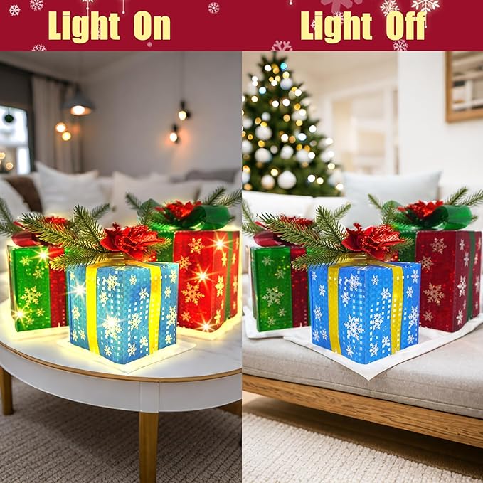 3 Pcs Christmas Lighted Gift Boxes with Bow 60 LED Battery Operated Pre-lit Present Box Decorations for Xmas Holiday Home Outdoor Yard