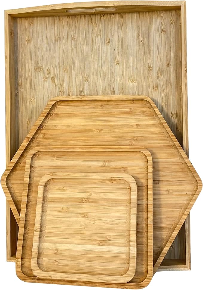 Bamboo Serving Trays Cutting Boards 16.5"x11.8"（42x30cm with Handle, Set Includes 0.63"(1.6cm) Thick Plates 1xHexagon 12.5"(32cm)+1xSquare 7.8"(20cm)+1xSquare 5.9"(15cm) for Family Dinner