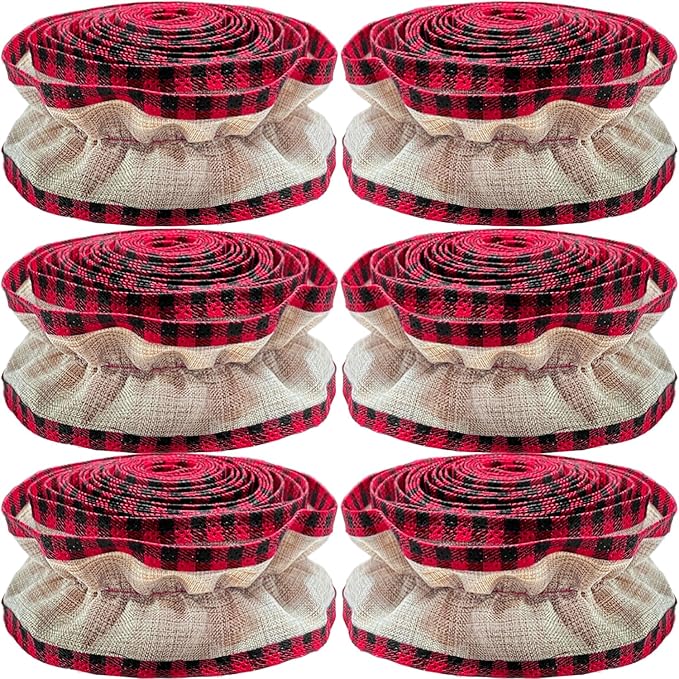 Jishi Christmas Tree Ribbon Garland Burlap Buffalo Plaid Christmas Decorations, 9 Ft X 6 Rolls Red and Black Buffalo Check Burlap Ribbon Xmas Tree Garland, Vintage Country Rustic Farmhouse Home Decor