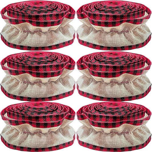 Jishi Christmas Tree Ribbon Garland Burlap Buffalo Plaid Christmas Decorations, 9 Ft X 6 Rolls Red and Black Buffalo Check Burlap Ribbon Xmas Tree Garland, Vintage Country Rustic Farmhouse Home Decor
