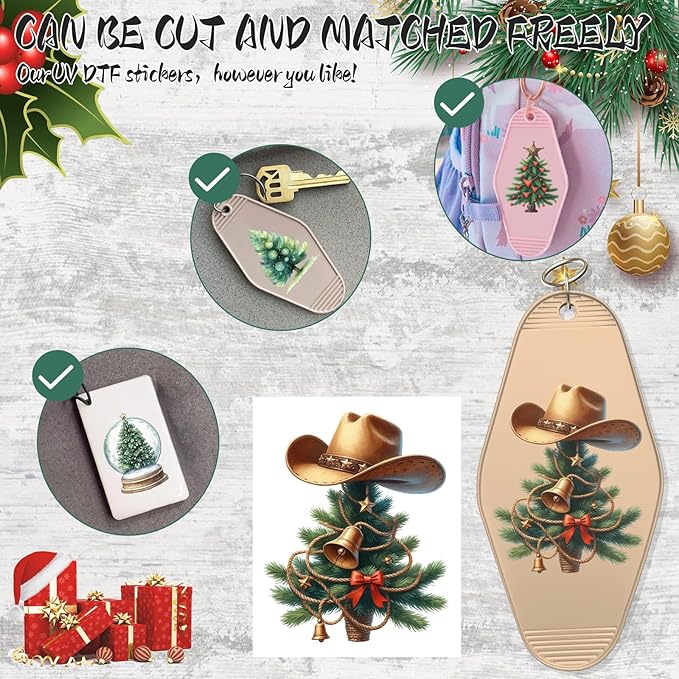 UV DTF Keychain Sticker,48 Sheets Cute Christmas Tree Transfer Stickers Suitable for Hotel Keys,and Crafts Decoration