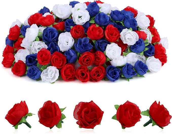 100pc Mini Patriotic Roses Head Bulk, 4th of July Artificial Small Rose Flower for Independence Day DIY Decor 1.3 Inch Red White and Blue Flower for Wedding Arrangement
