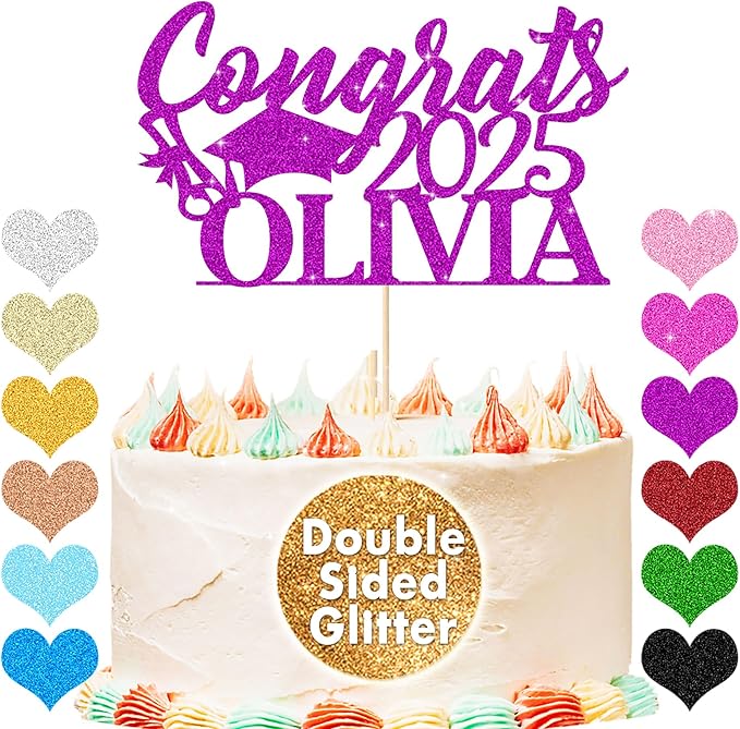 Personalized Cake Topper Custom Congrats Graduation Hat Student Class of 2025 Double Sided Glitter Card with Any Name (Purple)