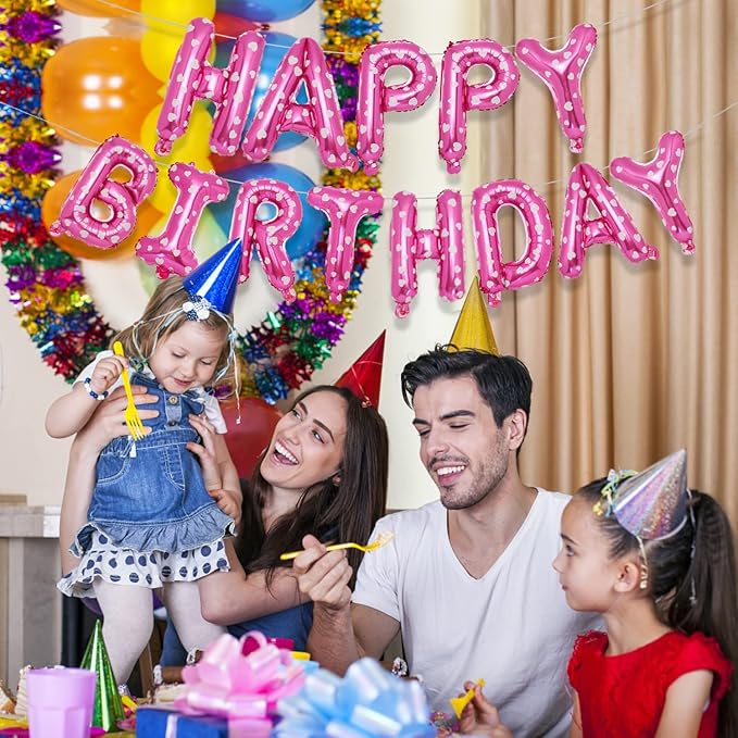 Accevo Pink Happy Birthday Banner,16 Inch Mylar Foil Letters Balloons Heart Pattern Balloons Happy Birthday Balloon for Kids, Child, Adults, Boys & Girls Birthday Party Decorations Happy Birthday Sign