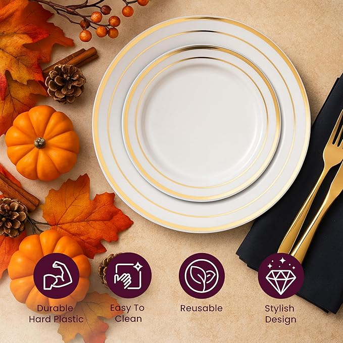 Aya's 60 Gold Rimmed Plastic Plates for Party, Heavy Duty Disposable Set of 30 Dinner and 30 Dessert Plates, Elegant Fancy Design for Weddings, Parties, and Special Events