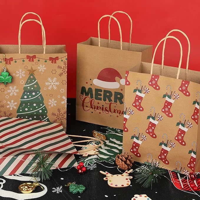 XPCARE 28 Pack Christmas Kraft Gift Bags with Handles, 9x7.5x3.5, Perfect for Holidays, Parties and Presents