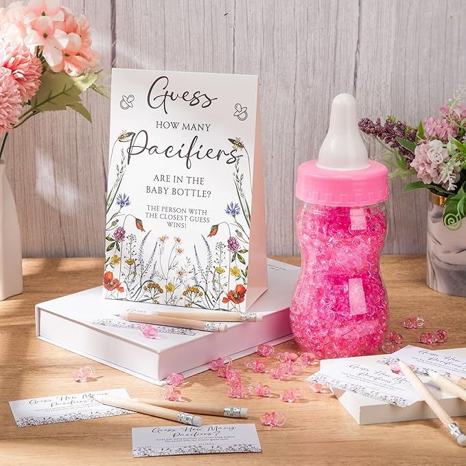 Roowest 512 Pcs Baby Shower Games Guess How Many Pacifiers Sign 100 Small Guessing Games 10 HB Pencils 750ml Milk Bottle 400 Acrylic Pacifiers Decoration for Guest Gender Reveal(Pink,Bloom)