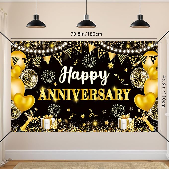 Happy Anniversary Decorations, Black and Gold Wedding Happy Anniversary Party Supplies - Happy Anniversary Banner,Backdrop 5.9 x 3.6Ft with 5pcs Honeycomb Centerpiece Decor