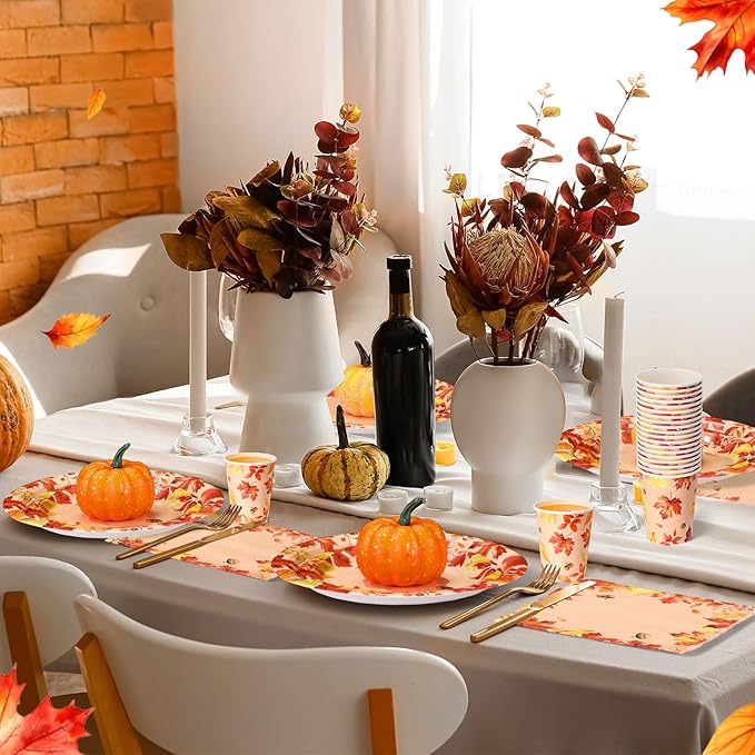 250 Pcs Fall Thanksgiving Party Decoration Colored Maple Fall Leaf Paper Plates Napkins and Cups Harvest Decorations Tableware Set for Autumn Leaves Theme Birthday Party Supplies, Serves 50