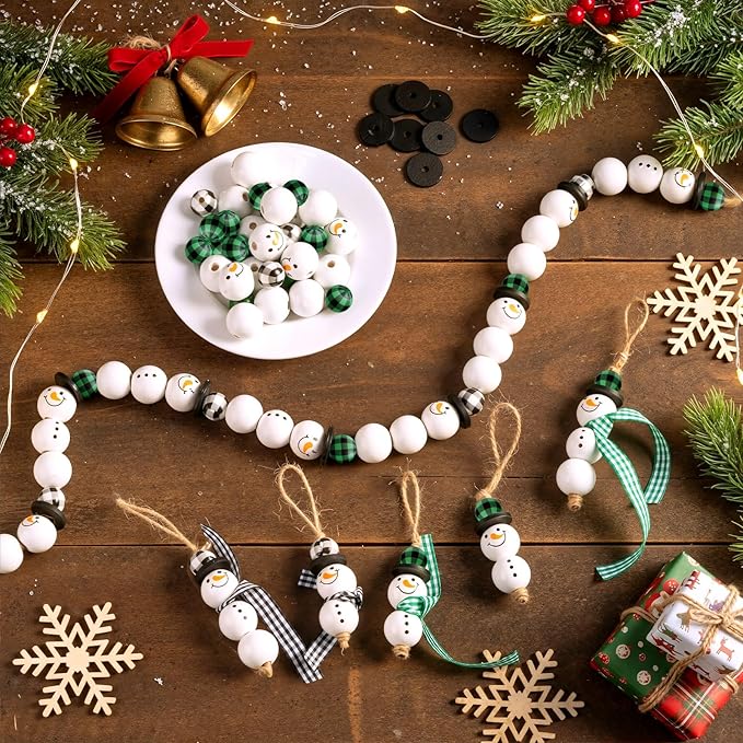 Landical 180 Piece DIY Christmas Snowman Wooden Bead Crafts Christmas DIY Ornaments Buffalo Plaid Wood Round Bead Xmas Print Wooden Beads with Twine Scarf for Crafts (Fresh Colors)