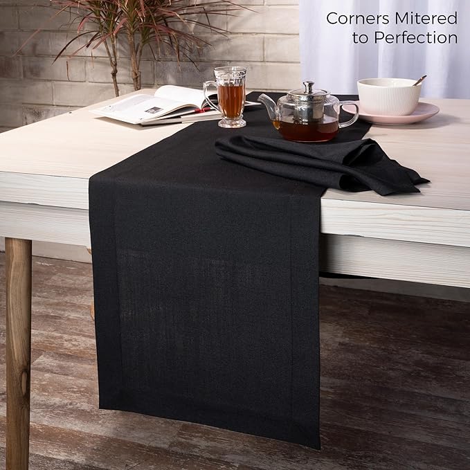 D'Moksha Homes Black Table Runner 14 x 120 Inch - Faux Linen Dining Table Runner 120 Inches Long - Wrinkle Resistant, Machine Washable for Fall, Thanksgiving, Holiday - 100% Recycled Fabric