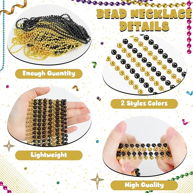 24 PCS Mardi Gras Beads Bulk, Black Gold Party Supplies, 33" New Year Eve Beaded Costume Necklaces for Festive Event Accessories, Beaded Parade Throw for Celebrations Party Favors Carnival