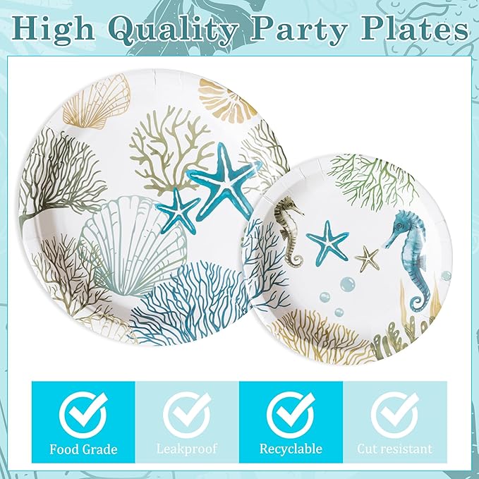 Ocean Seashell Party Decoration - Serves 24 - 112Pcs Nautical Coastal Beach Summer Party Supplies, Starfish Coral Disposable Plate Napkin Forks Tablecloth Banner Card, for Birthday Baby Shower