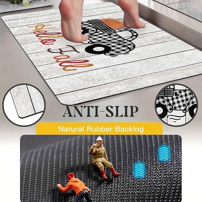 Fall Door Mat Fall Welcome Mat for Front Door, Autumn Pumpkins with Truck Black and White Buffalo Plaid Seasonal Non Slip Doormat for Entrance Entryway Outside, 24"x16"inch