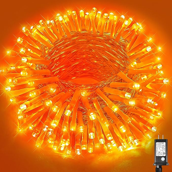 Vivideal 200 LED Orange Christmas Lights Outdoor Waterproof 66ft Christmas String Lights Indoor 8 Modes Clear Wire, Plug in Orange String Light for Xmars Tree Bedroom Thanksgiving Decorations