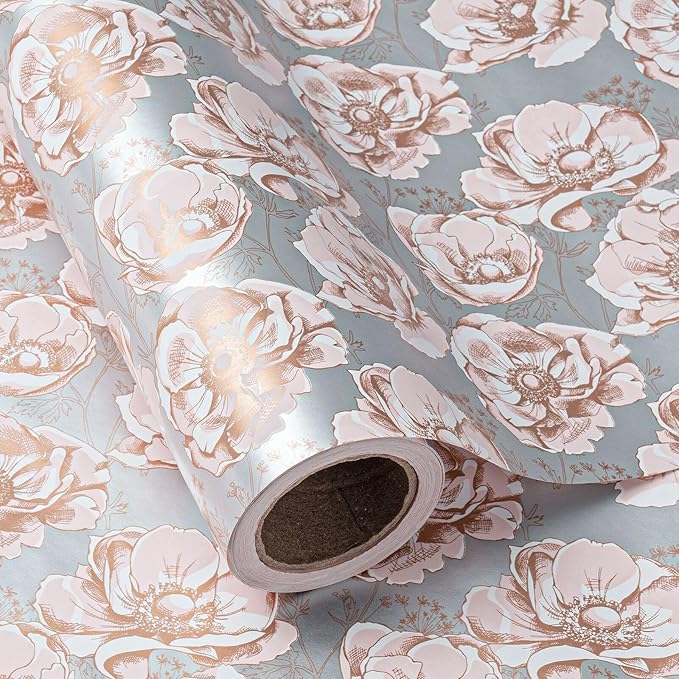 WRAPAHOLIC Reversible Floral Wrapping Paper - Mini Roll - 17 Inch X 33 Feet - Elegant Pink Wedding Wrapping Paper for Birthday, Bridal Shower, Baby Shower