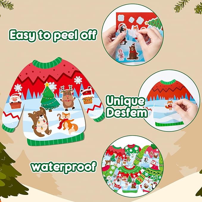 CY2SIDE 12 Set Christmas Ugly Sweater Scene Sticker Art Craft for Kids, Make A Winter Sweater Scene with Penguin Sticker, DIY Xmas Party Games for School Classroom Activities