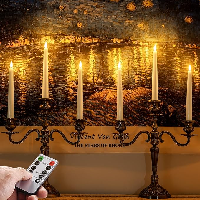 Homemory 12 Pcs Waxy Flameless Taper Candles with Remote, Led Flameless Candlesticks Classic Tall Candle, Flickering Battery Operated Taper Candles for Bedroom, Dining Room, White, 9.6 inches