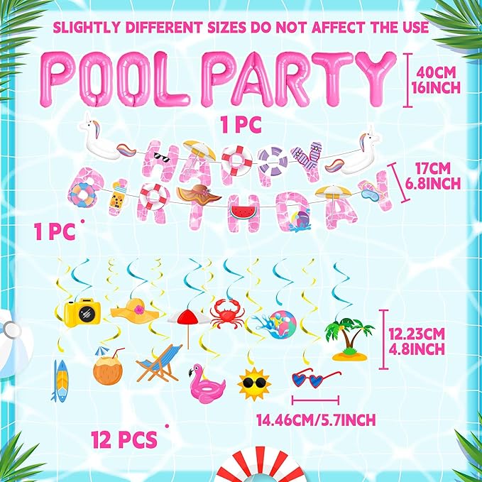 Summer Pool Beach Party Decoration, Pink Pool Party Balloon, Summer Birthday Bash Party Decorations Tropical Balloons Banner for girls Swimming Water Luau Tropical Hawaii Party Decoration Supplies