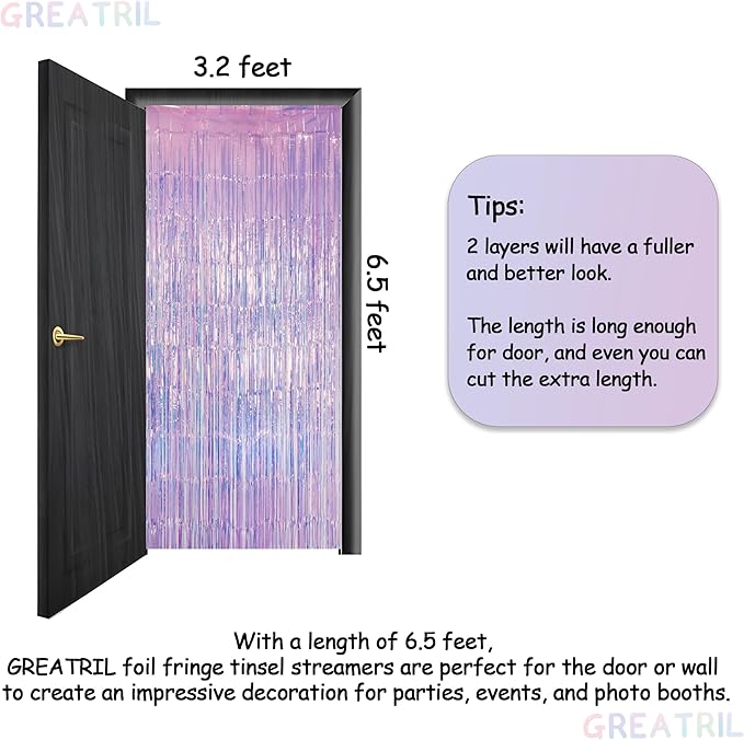 GREATRIL Iridescent Purple Tinsel Foil Fringe Curtain, 3.2 x 6.5 ft, Fairy Party Streamers, 2 Packs