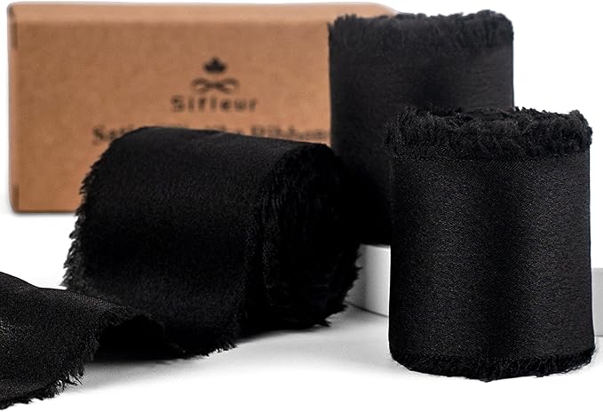 Satin Silk Ribbon, Black Ribbon for Wrapping, 1-1/2 inch x 15 Yd Handmade Frayed Fringe Ribbon, for Wedding Engagement Birthday Showers Crafts Flower Bouquet Invitation Decor, 3 Rolls