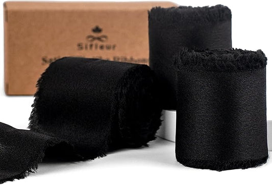 Satin Silk Ribbon, Black Ribbon for Wrapping, 1-1/2 inch x 15 Yd Handmade Frayed Fringe Ribbon, for Wedding Engagement Birthday Showers Crafts Flower Bouquet Invitation Decor, 3 Rolls