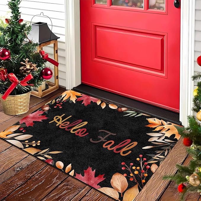 InterestPrint Fall Door Mat, Fall Welcome Door Mats Outdoor Indoor Autumn Leaves Doormat for Front Door Decoration, Fall Maple Leaf Door Rug for Thanksgiving Farmhouse Decor, 30"x18"inch