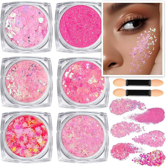 Teenitor Face Glitter, Pink Body Glitter Gel, Holographic Glitter for Face and Body, Hair, Gel Glitter Makeup for Festival Party Cheer Glitter