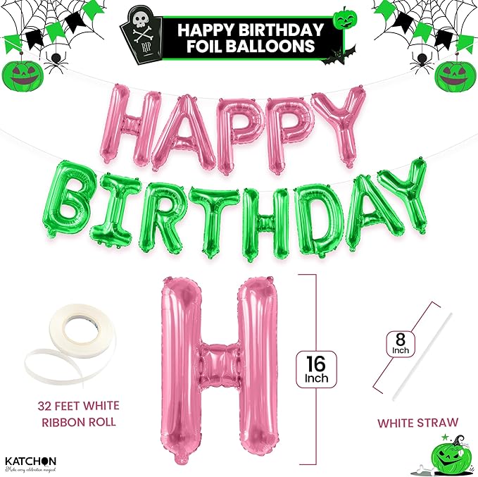 KatchOn, Happy Birthday Balloon Banner - Pack of 3 | Crown and Baby Witch Hat for Witch Birthday Decoration | Halloween Birthday Party Decorations for Kids | Wicked Party Decorations