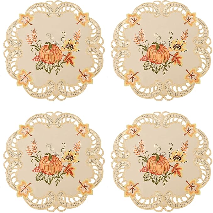 Simhomsen Thanksgiving Harvest Pumpkins Round Doily Placemats for Autumn Or Fall Decorations, Embroidery (15 Inch Round Doily Set of 4)