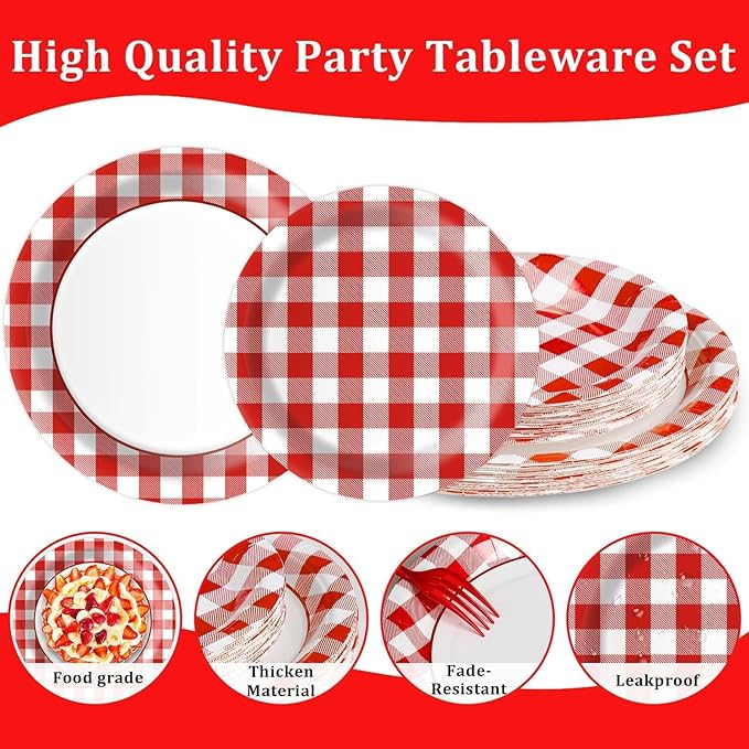 Red Gingham Plates and Napkins Party Supplies, Red and White Disposable Tableware Set, Checkered Plaid Paper Plates for Birthday Family Dinner Picnic Christmas Party Baby Shower Decor Serves 25
