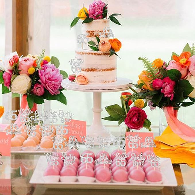 30PCS Happy 65th Birthday Cupcake Toppers Glitter Hello 65 Fabulous Sixty Five Cheers to 65 Years Old Birthday Cupcake Picks for Happy 65th Birthday Anniversary Party Cake Decorations Supplies Silver