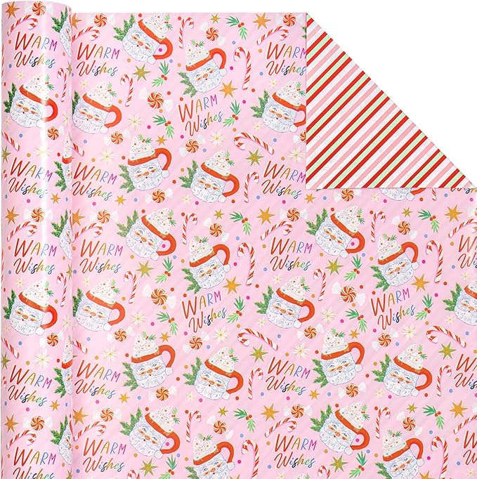 WRAPAHOLIC Reversible Christmas Wrapping Paper - Mini Roll - 17 Inch x 33 Feet - Santa Claus Cup and Stripe Wrapping Paper for Chrsitmas, Holiday, Party Celebration