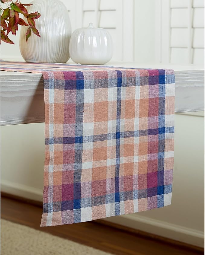 Solino Home Linen Table Runner 108 Inches Long - 100% Pure Linen Plaid Multicolor Fall Table Runner 14 x 108 Inch for Dining - Thanksgiving, Autumn, Fall Flavors Madras