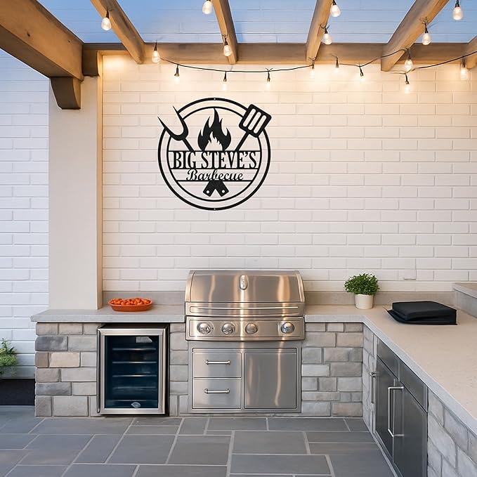 Custom BBQ Grill Metal Sign Personalized Name Wall Art for Outdoor Barbecue Patio Kitchen Backyard Decor Gift for Dad Husband Men Papa Grandpa Father Grilling Enthusiasts Family Lover Funny Gifts 17