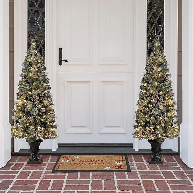 Glitzhome 5ft Pre-Lit Flocked Christmas Tree with Red Berries and Pine Cones, 130 Warm White Lights, 372 PVC & Pine Needle Mixed Tips, Potted Christmas Tree for Porch Home Holiday Decor