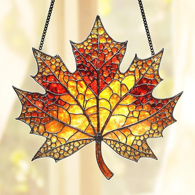 Maple Fall Leaves Suncatcher for Window Hanging, Fall Leaf Decorations, Autumn Leaf Acrylic Ornament, Thanksgiving, Halloween, Christmas, Birthday Gifts for Women, Nature Lovers, Home Decor