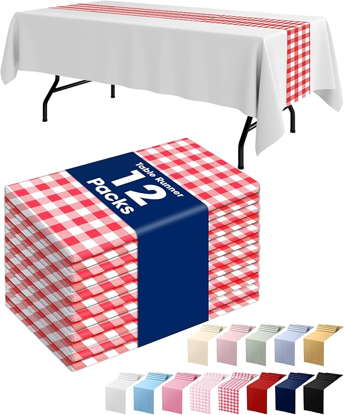 Pureegg Gingham Plastic Table Runners - 12 Pack, 14'' x 108'', Water Resistant & Disposable Plaid Centerpiece Decorations for Table Cloth, Birthday, Holiday, Party, Red and White Checkered Home Decor