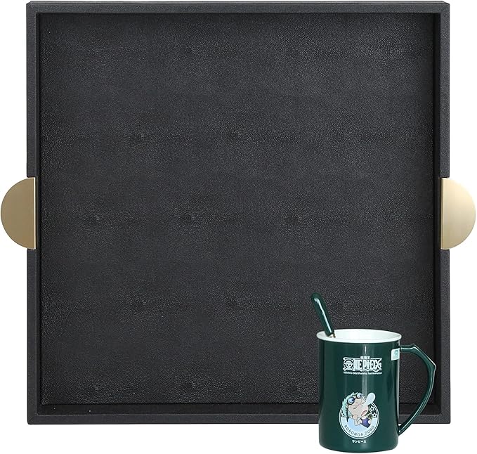 HofferRuffer Faux Leather Decorative Serving Tray, Elegant Coffee Table Ottoman Tray, Breakfast, Drinks, Liquor Serving Platter, Black Shagreen Finish with Gold Hardware Handle (Square)