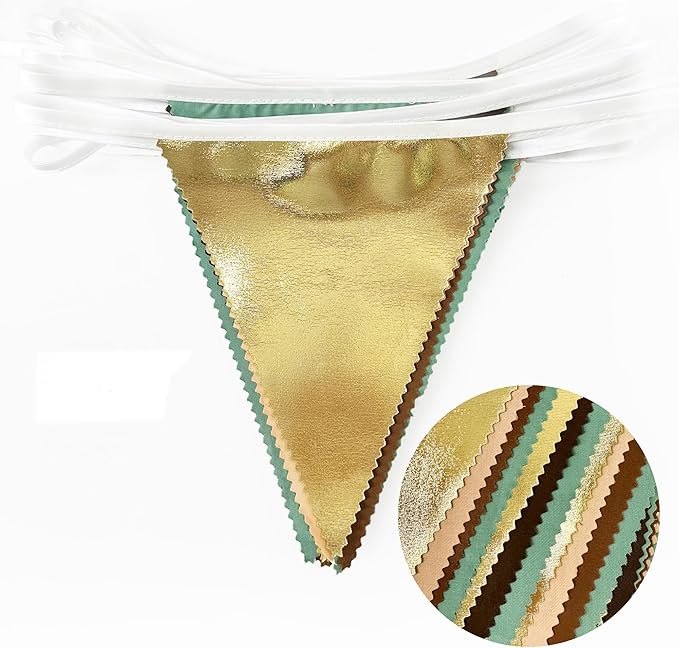 32Ft Sage Green Brown Party Decorations Gold Green Brown Triangle Flag Fabric Banner Pennant Bunting Garland Streamer for Jungle Safari Wild Woodland Dinosaur Birthday Wedding Baby Shower Party Decor