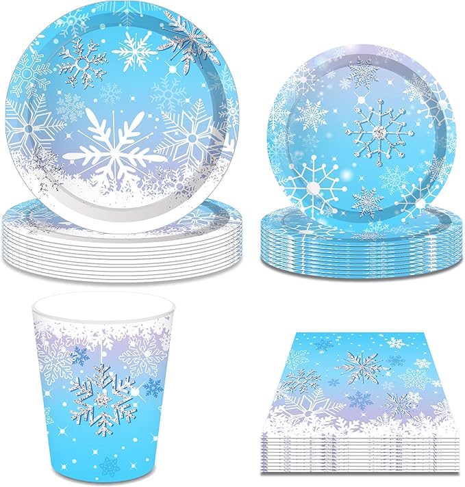 Snowflake Party Decorations,Winter,Christmas Include Blue Snow Party Plates, Dessert Plates,cups, Napkins (88pcs )