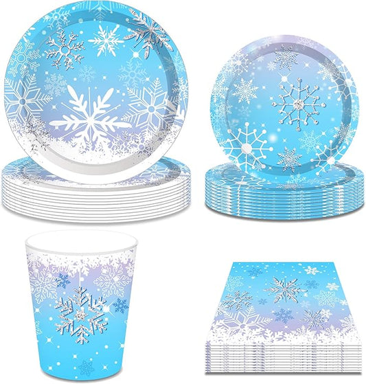 Snowflake Party Decorations,Winter,Christmas Include Blue Snow Party Plates, Dessert Plates,cups, Napkins (88pcs )