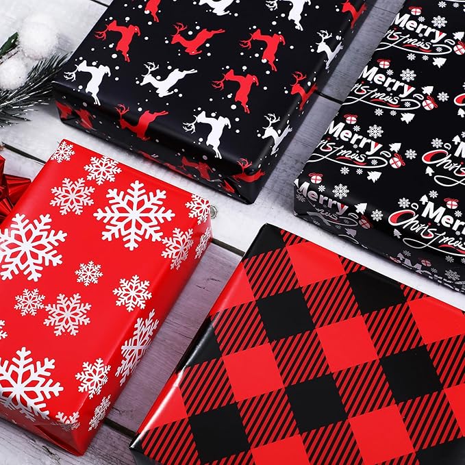 PlandRichW Christmas Wrapping Paper 12 Sheets Folded for Kids Boys Girls Men Women Gifts. Red, Black and White, Greetings, Reindeer, Plaid and Snowflakes, 20 X 29 Inches Each