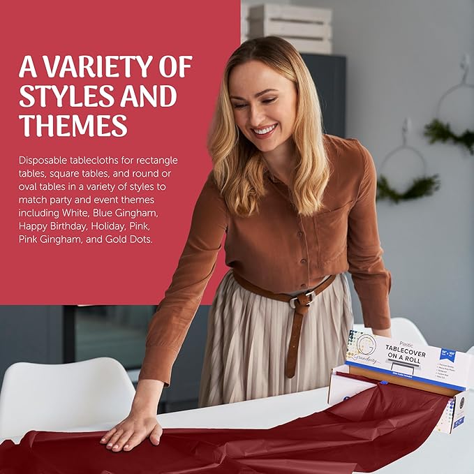 Grandipity Plastic Rectangular Tablecloth Roll, 54x100' Burgundy, Disposable with Cutter Box, Wrinkle-Resistant, Waterproof, for Parties & Events