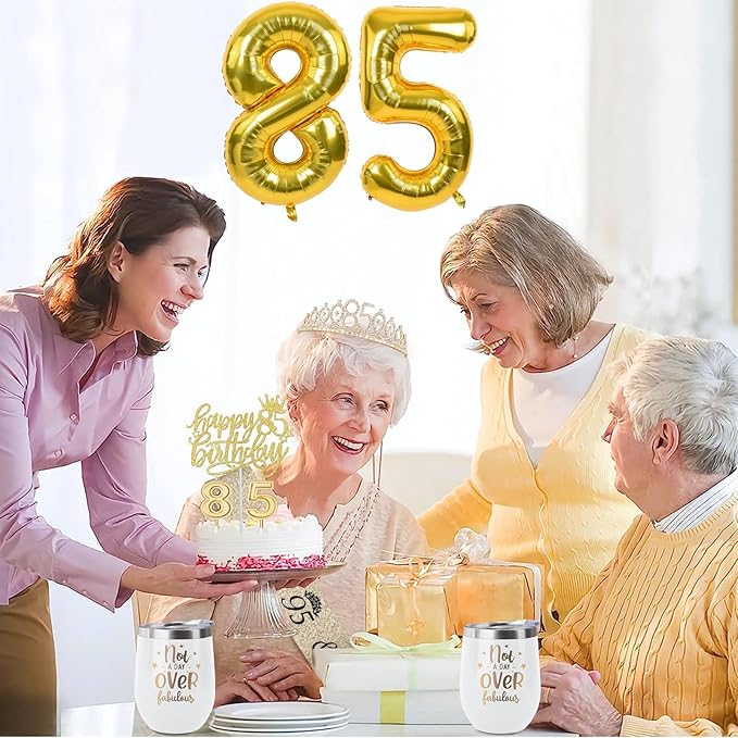 85th Birthday Decorations for Women Gold with 85th Birthday Sash and Tiara, Cake Topper and Candles, Number Balloons, 85 Year Old Gifts for Women