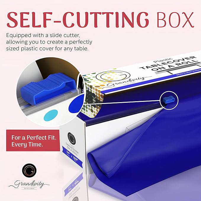 Grandipity Plastic Tablecloth Roll - 54in x 300 Ft. Blue Plastic Table Cloths for Parties Disposable with Cutter Box - Cut to Size Disposable Tablecloth Table Cover for Rectangle & Round